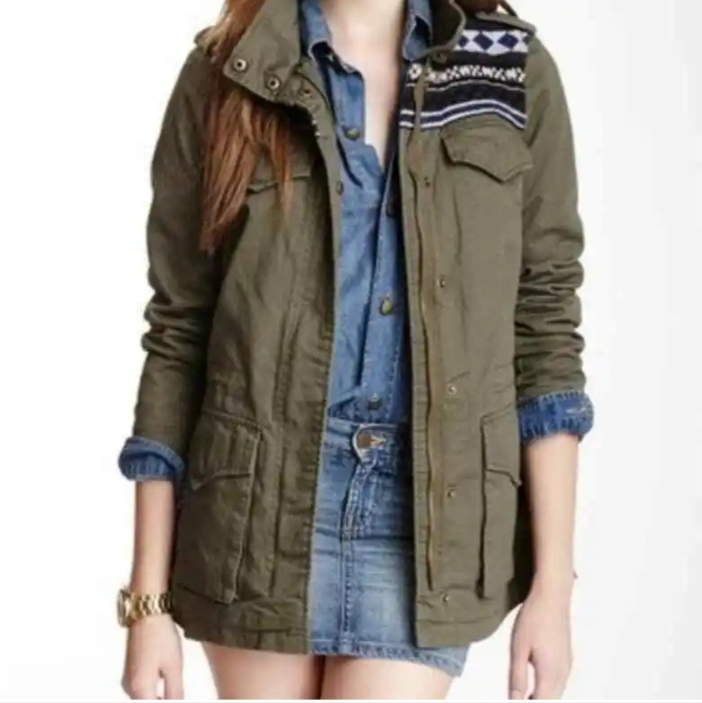 BCBGeneration Heritage Army Green Twill Jacket Aztec Lined  Pockets Embroidered